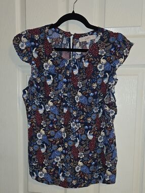 LOFT Navy Floral Cap-Sleeve Peplum Top with Burgundy & Light Blue Accents